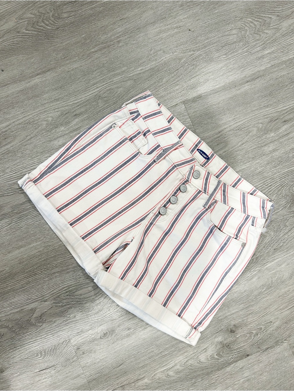 Old Navy White Jean Shorts with Red and Navy Stripes